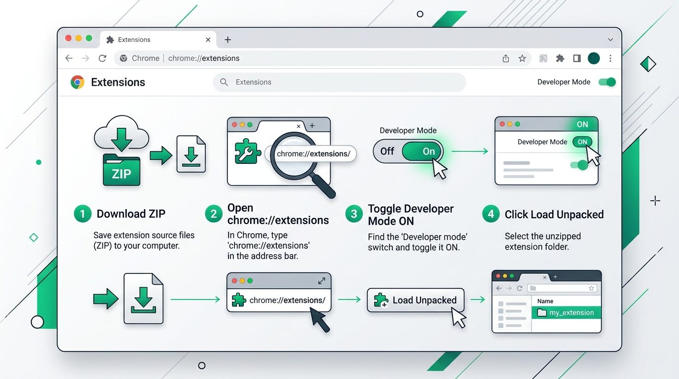 Chrome Extension Installation Guide: Download ZIP, chrome://extensions, Developer Mode, Load Unpacked