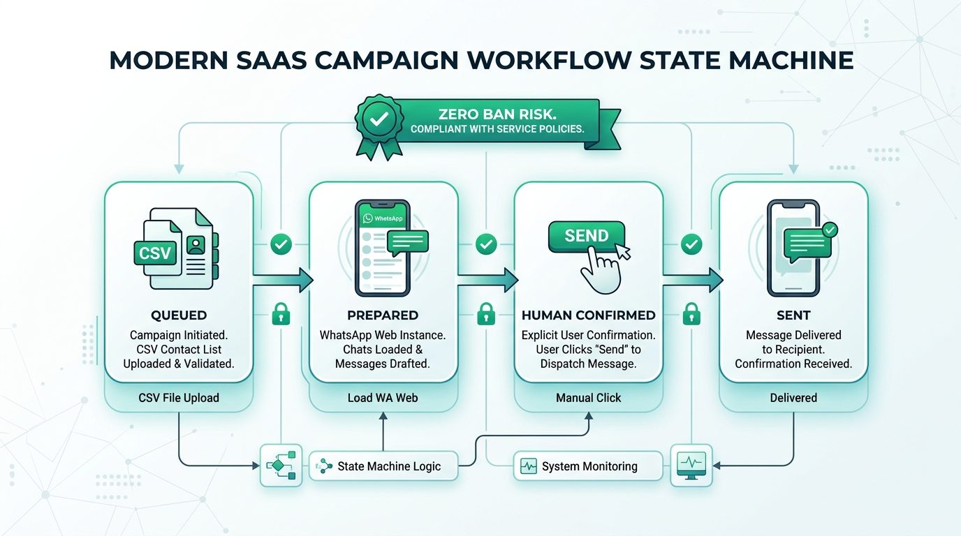 SamparkWA Campaign Workflow State Machine: Queued, Prepared, Human Confirmed, Sent