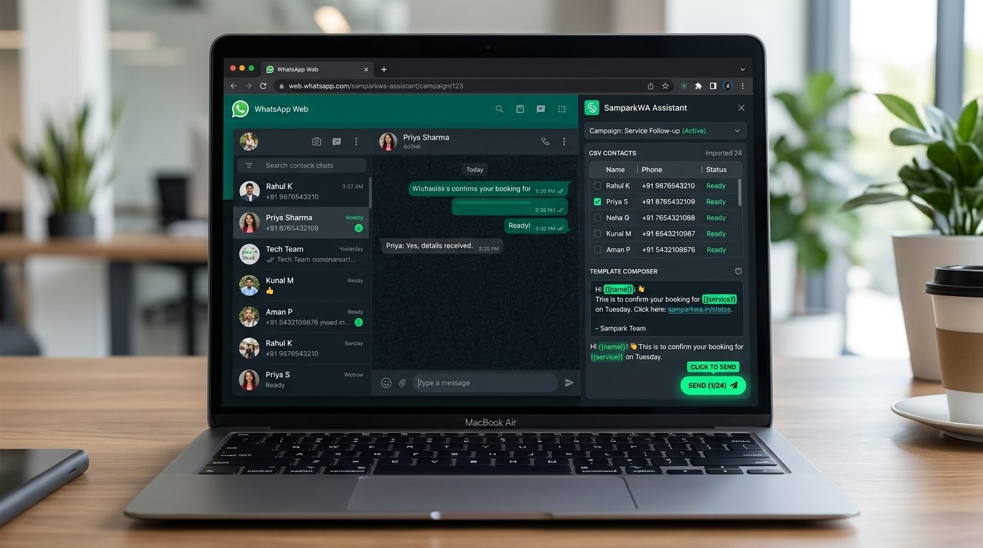 SamparkWA Assistant docked seamlessly inside WhatsApp Web
